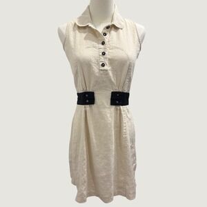AND India Cream Linen Cotton Sleeveless Collared Shift Dress French Retro Mod S